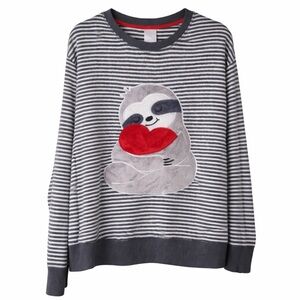 Secret Treasures Sloth Heart Striped Sweatshirt Gray Black Red M